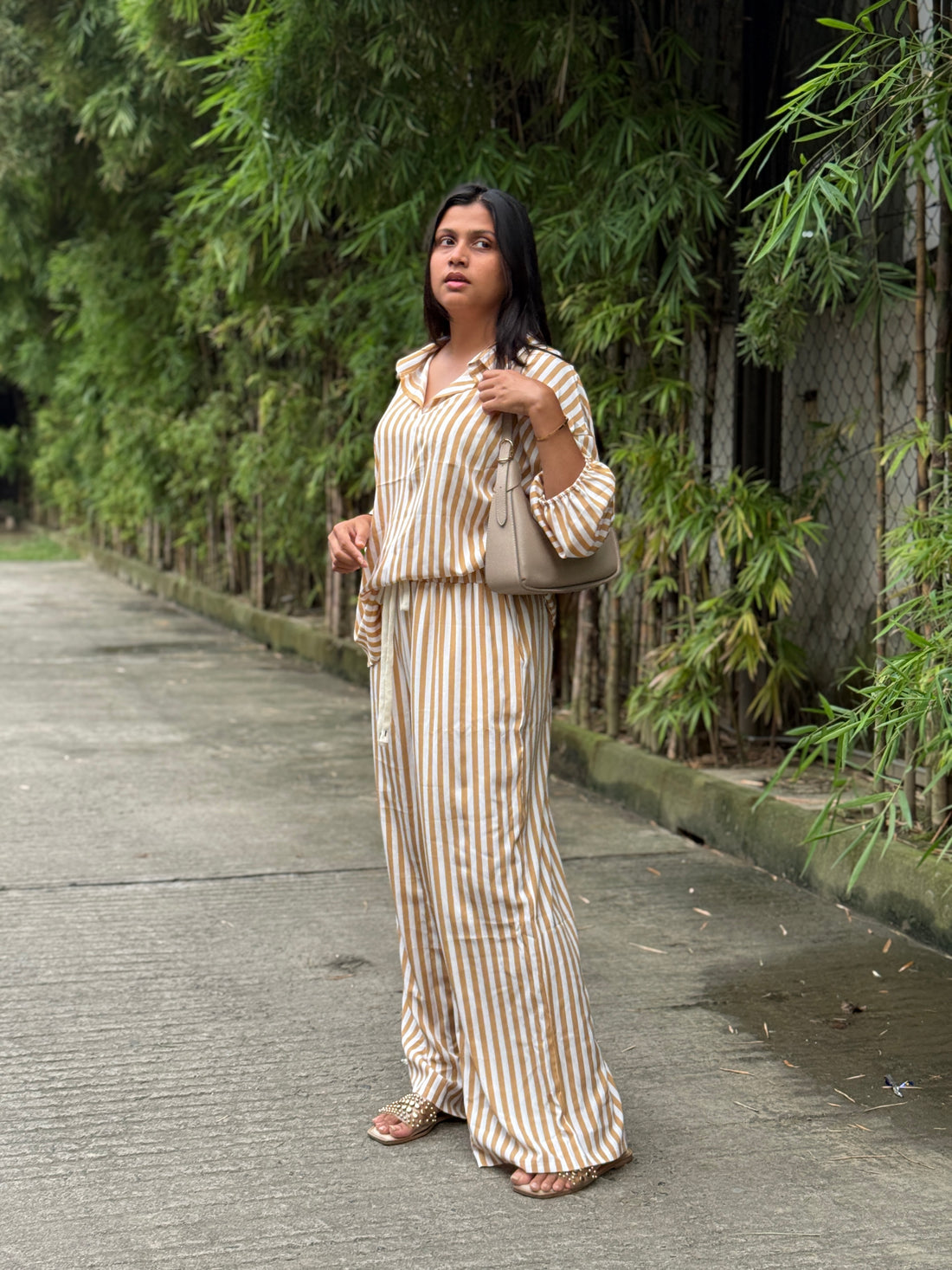 Striped Sleeved Shirt & Loose Pants Two-Piece Set