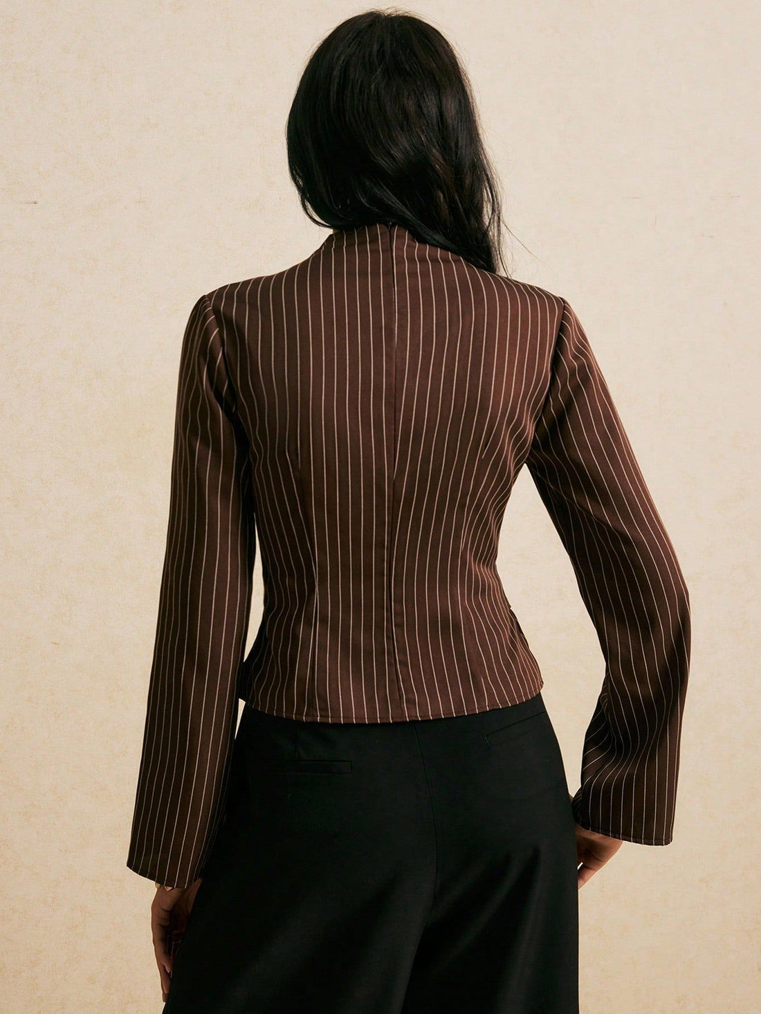 High Neck Retro Striped Top Coffee Brown
