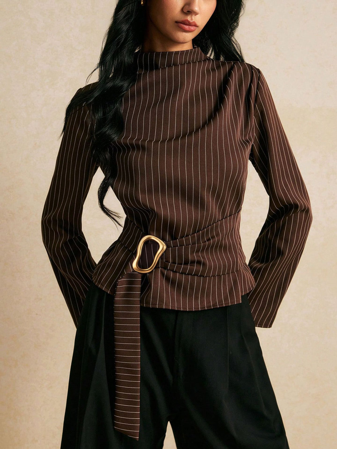 High Neck Retro Striped Top Coffee Brown