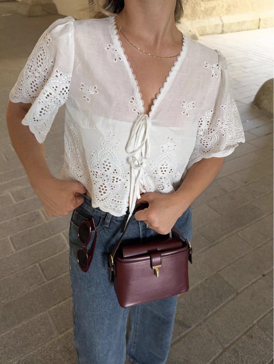 Floral Lace V-Neck Top White