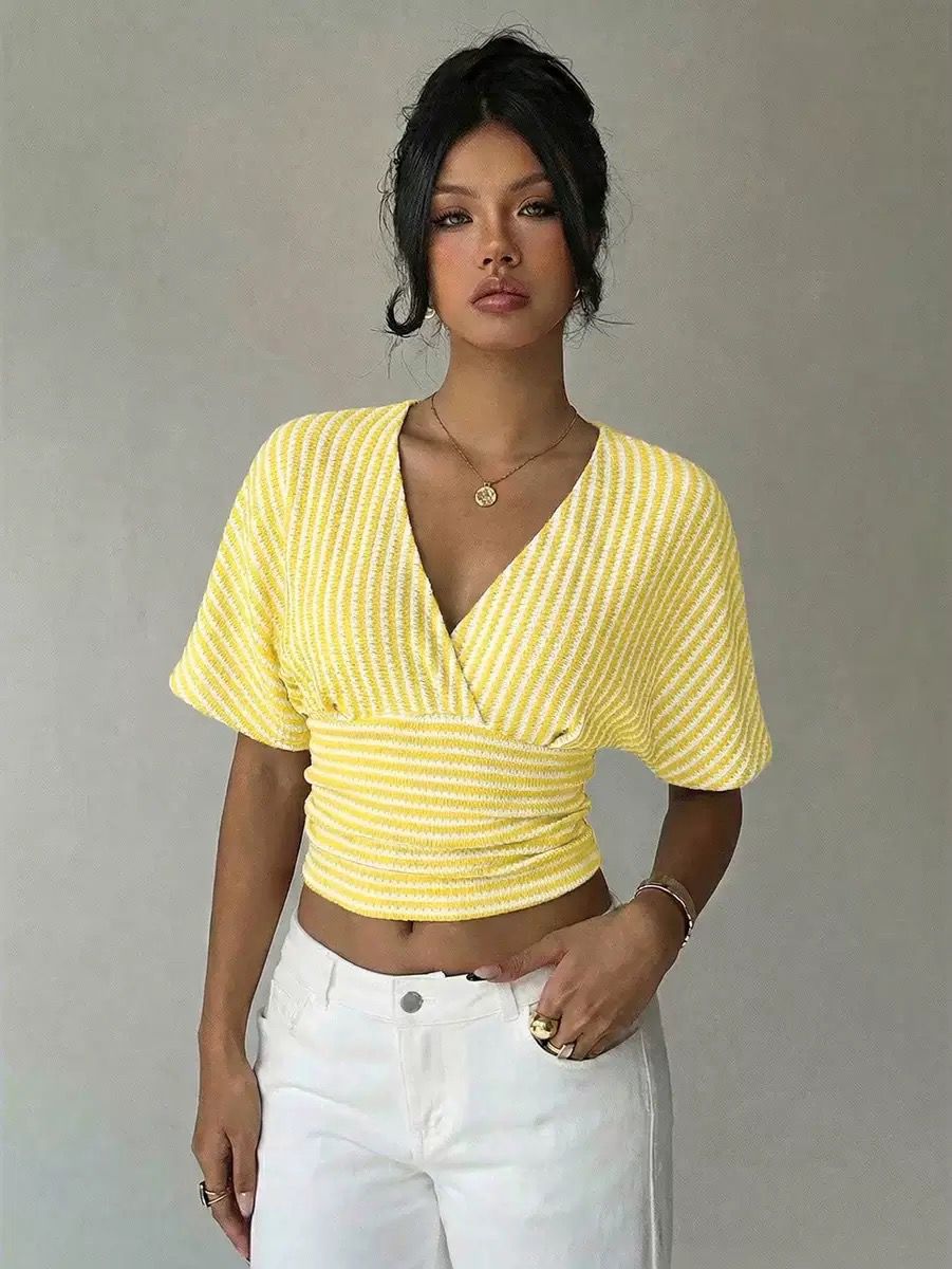 Striped V-Neck Relaxed Top Yellow