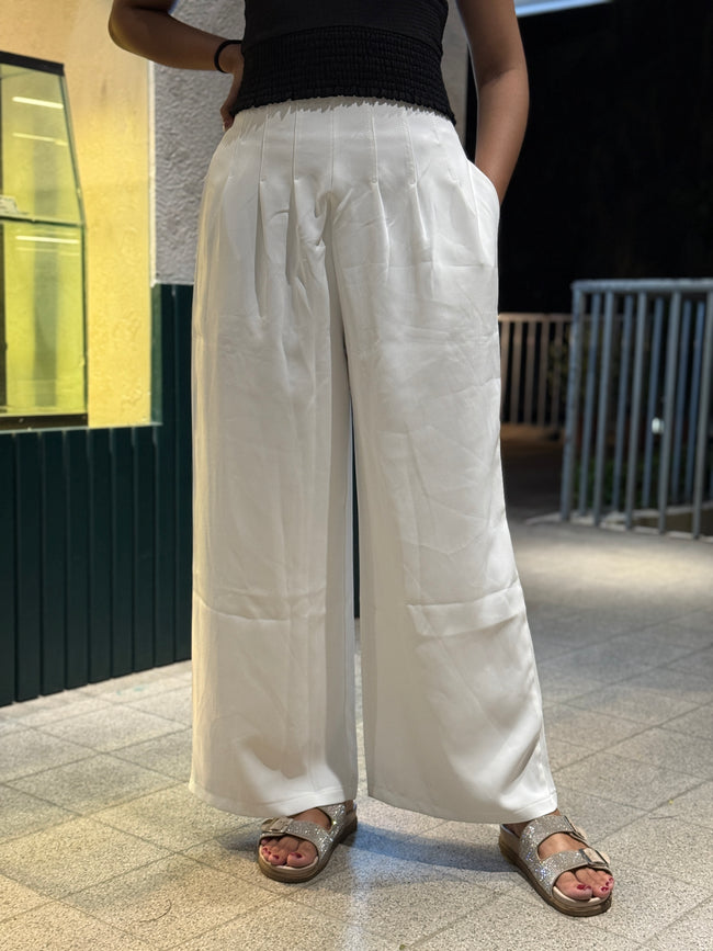 High Waist Pleated Palazzo White Pants
