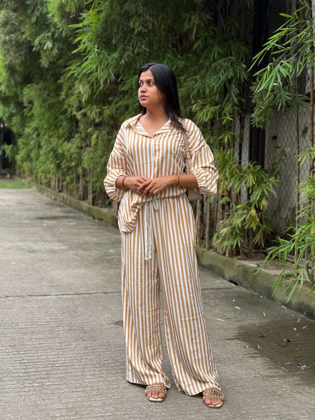 Striped Sleeved Shirt & Loose Pants Two-Piece Set