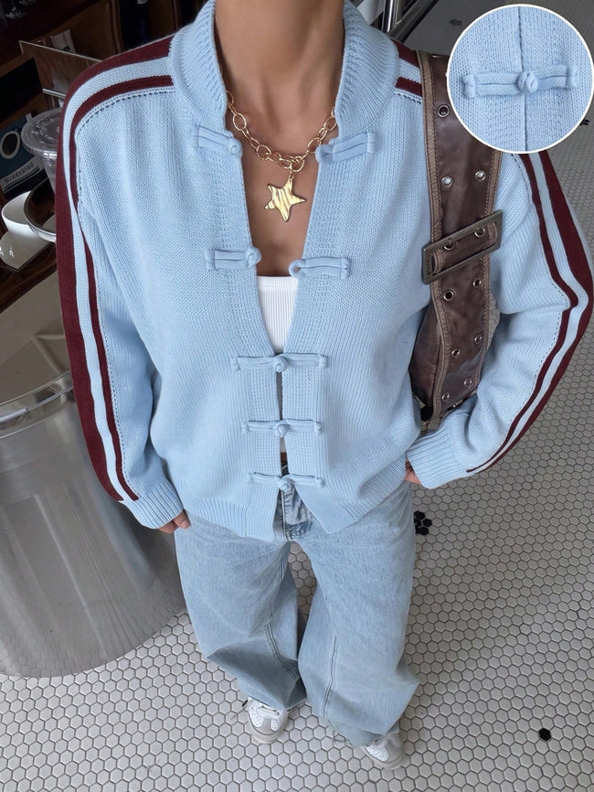 Off-Shoulder Long-Sleeve Short Knitted Jacket Blue Color