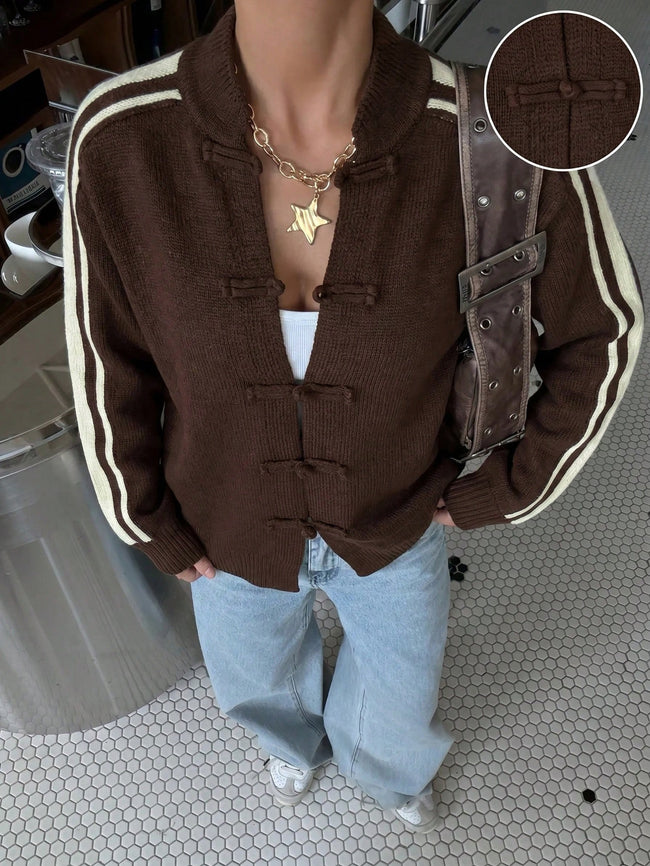 Off-Shoulder Long-Sleeve Short Knitted Jacket Brown Color