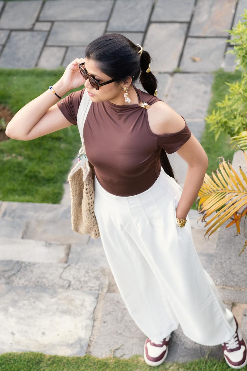 Cold Shoulder Casual Top Brown