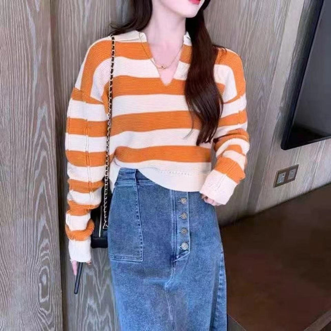 Casual loose short knit top with V- neck