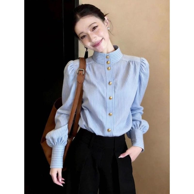 Blue striped lantern sleeve shirt